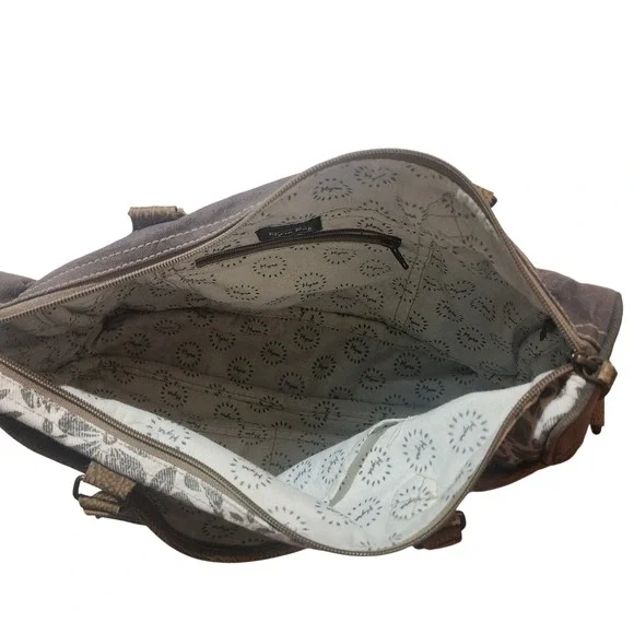 Myra Bag Amaryllis Upcycled Canvas & Cowhide Messenger Bag Rustic Western - Picture 7 of 13